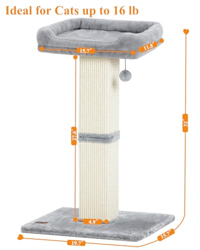 Karolpar 32" Cat Scratching Post for Indoor Cats, Sisal Cat Scratcher with Plush Perch, Large Scratch Post with Bed, Removable Cover, Sisal Fabric,Light Grey