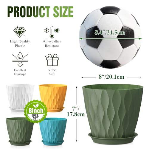8 Inch Plant Pots 4 Pack Plastic Planters with Drainage & Saucers | 8 inch 4 pack plastic plant pots with 3D water ripple texture, drainage holes and saucers for indoor outdoor plants