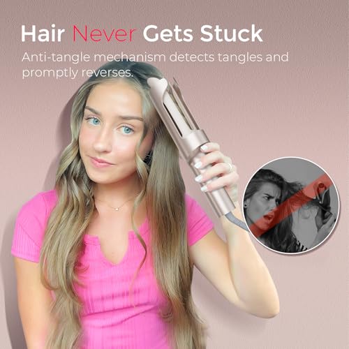 TYMO CurlPro Plus Automatic Rotating Curling Iron - Upgraded Long Barrel Curling Wand for Long Hair, Ceramic Hair Curler for Women, Anti-Scald, Tangle-Free, 600M Ionic, Dual Voltage, Gold, 1 Inch