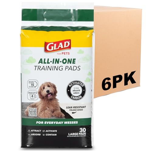 Glad for Pets Activated Carbon Disposable Dog Training Pads, 100 Count | Ideal for puppies, senior dogs, incontinence, and post-surgery, ultra-absorbent, keeps floors & crates dry, 23 x 23 in