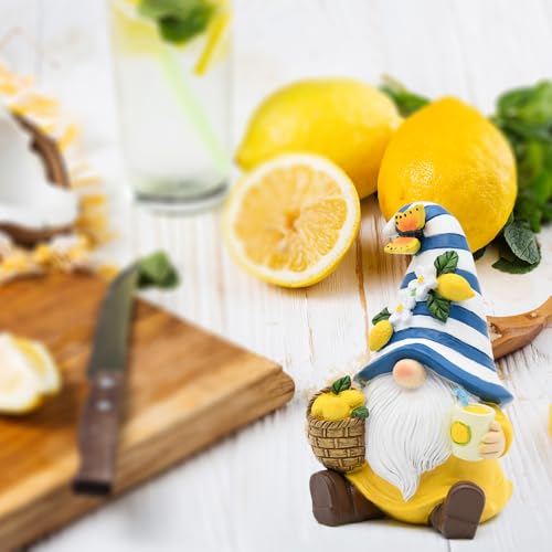 Lemon Decor Summer Garden Gnome Resin Figurines | Mediterranean Lemon Party Decoration for Home Kitchen Office Table Tiered Tray Summer Gnomes Gifts