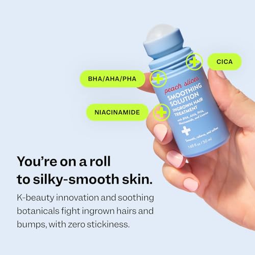 Peach Slices - Smoothing Solution Ingrown Hair Treatment (1.69 oz) - Smooth, Relieve, Soften Skin - 360 Roller - BHA, AHA, PHA, Niacinamide, Licorice - Vegan & Cruelty Free - Korean Skin Care & Beauty