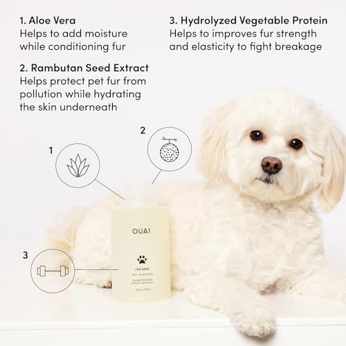 OUAI Fur Bébé Pet Shampoo - Cat & Dog Shampoo for Gentle Cleansing, Hydration & Shine - Vegan & Cruelty-Free Pet Supplies with Aloe Vera & Panthenol - Mercer Street Scent (16 Fl oz)