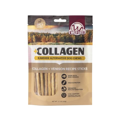 Wild Eats Venison Collagen Sticks for Dogs (25 Pack, 0.6 cm Wide) Long Lasting Dog Chews No Hide Dog Treat Bully Stick Alternative, Rawhide Free, Grain Free, High Protein