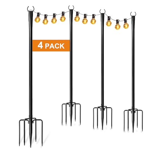 4 Pack String Light Poles for Outside with Ground Stakes and Fence Clips | Adjustable 7-section metal patio light poles for string lights and lanterns; for garden, patio, backyard and outdoor decor.