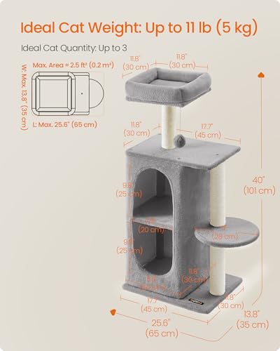 Feandrea Cat Tree, Small Cat Tower for Indoor Cats, Plush Cat Caves with Perch, Scratching Posts, for Small Spaces, Kittens, Light Gray UPCT005G01