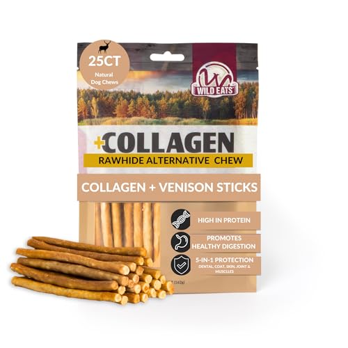 Wild Eats Venison Collagen Sticks for Dogs (25 Pack, 0.6 cm Wide) Long Lasting Dog Chews No Hide Dog Treat Bully Stick Alternative, Rawhide Free, Grain Free, High Protein
