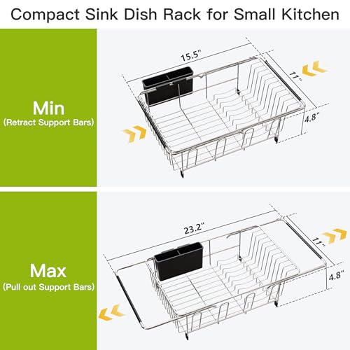 JASIWAY Dish Drying Rack in Sink, Expandable Stainless Steel Dish Drainers for Kitchen Counter, Dish Dryer Rack for Inside Sink, Over The Sink Dish Racks with Utensil Holder, Silver