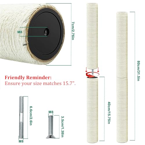 Cat Scratching Post Replacement Pole, 2 PCS 15.7in Cat Tree Replacement Post, Natural Sisal Cat Tree Replacement Parts with M8 Screws, Cat Scratch Post for Refurbishment (15.7in/40cm)