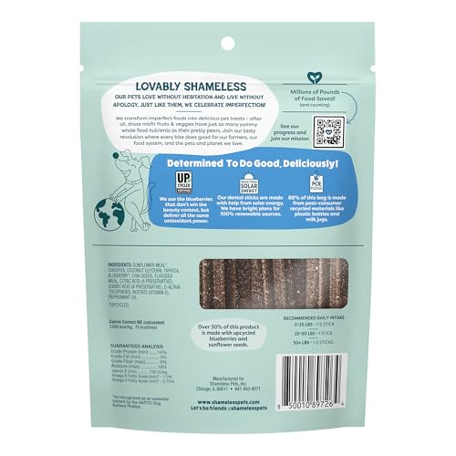 Shameless Pets Blueberry & Mint Dental Chews for Dogs, 8 Chews - Natural Dog Teeth Cleaning Treats with Fresh Breath Benefits | Grain-Free Dental Sticks for Small, Medium & Large Dogs