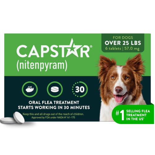 Capstar for Dogs (nitenpyram), Fast-Acting Oral Flea Treatment for Dogs Over 25+ lbs, Vet-Recommended Flea Medication Tablets Start Killing in 30 Minutes, 6 Doses | Ideal for Dogs 25+ lbs; Oral Tablet, No Mess; 6 doses; Fast Flea Knockdown
