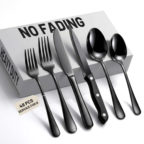 48 PCS NO-FADING Black Silverware Set with Steak Knives - KIKCOIN Food-Grade Stainless Steel Flatware Set for 8 - Mirror Polished Cutlery Set, Titanium Black Finish, Rust Resistant & Dishwasher Safe