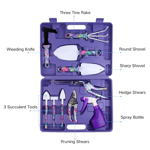 Garden Tools Set, JUMPHIGH 10 Pieces Gardening Tools with Floral Print, Ergonomic Handle Trowel Rake Weeder Pruner Shears Sprayer, Garden Hand Tools with Carrying Case Gardening Gifts for Women Father
