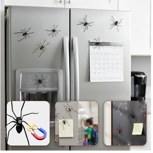 4PCS 3D Spider Fridge Magnet, Realistic Spider Magnets - Cute Removable Magnetic Decals for Refrigerator, Car, Garage Door, Indoor Outdoor Decor, The for Lovers of Unique Decor (Black)