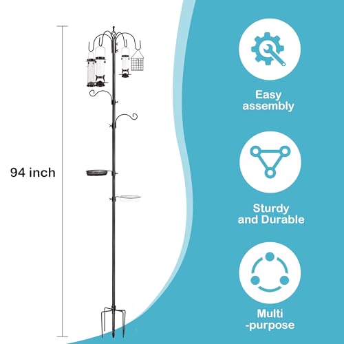 YINGYM 6-Hook Bird Feeding Station Kit, Wild Bird Feeder Stand Pole, Multi-Feeder Kit Stand with 4 Feeders, Bird Bath and Mesh Tray, 94 Inch