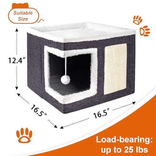 Loyareal Cat Houses for Indoor Cats - Large Cat Bed Cave with Scratch Pad and Fluffy Ball, Foldable Cat Condo Hideaway with Reversible Cushion for Multi Small Pet, Dark Grey