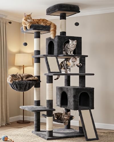 Gitelsnour Cat Tree for Indoor Cats, 71'' (180cm) Multi-Level Cat Tower for Large Adult, Sturdy Cat Tree House with 2 Scratching Boards 7 Posts, 2 Plush Perches/Condos, Hammock, Smoky Gray GCT032G