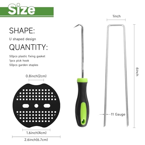 JELNER Garden Stakes,6 Inch 11 Gauge 50pcs Galvanized Landscape Staples + 50pcs Gaskets + 1Pick Hook,Tent Stakes Landscaping Fabric SOD Pins for Weed Fabric Barrier,Groud Cover,Fence