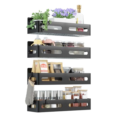 Sevenblue 4 Pack Strong Magnetic Spice Rack for Refrigerator, Multipurpose Magnetic Shelf for Fridge with 4 Hooks for Kitchen and Bathroom Organization, Black