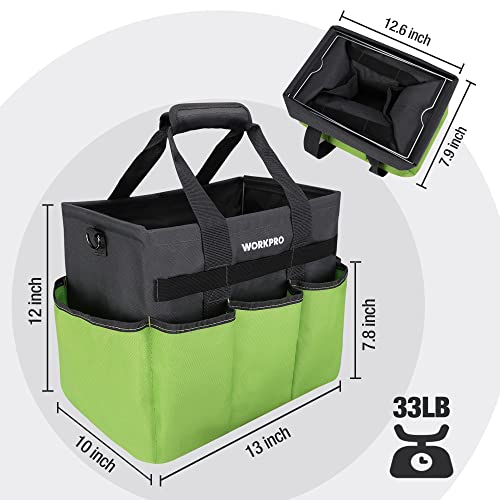 WORKPRO Garden Tool Bag, 10 Pockets and Shoulder Strap, Green | Heavy Duty Gardening Organizer Tote Bag, Standable Garden Tool Organizer (Tools not Included)