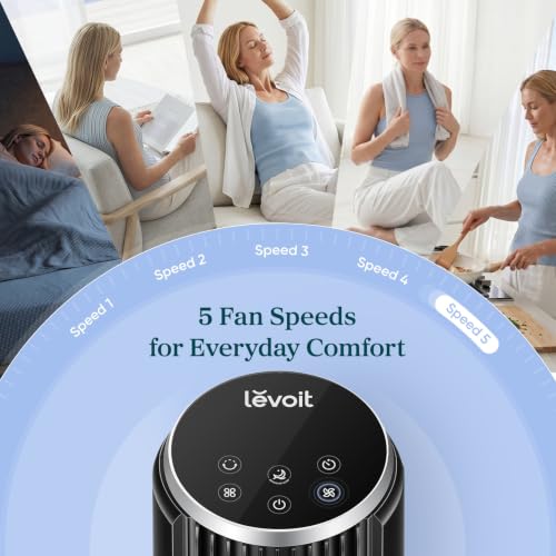 Levoit Tower Fan for Bedroom, 28ft/s Fans that Blow Cold Air, 28dB Quiet | Standing Floor Fan for Room, 90° Oscillating, 5 Speeds 4 Modes & Temp Sensor, Bladeless, 12H Timer, Remoter, 36 inch, White