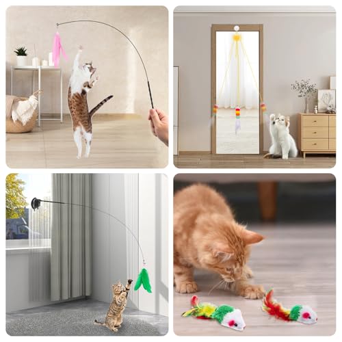 Depets Cat Wand Toy, 15 Pcs Interactive Cat Feather Toys for Indoor Self Play & Exercise, 2 Play Modes Kitten Teaser Wand, Reusable Suction Cup Kitten Toys