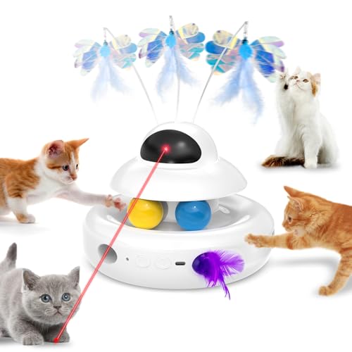 MOHAYA Cat Toys，4-in-1 Interactive Cat Toy for Indoor Cats with Laser, Fluttering Butterfly, Moving Feather and Track Balls - USB Rechargeable Self-Play Kitten Toy (White)