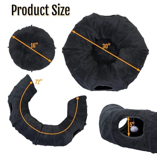 Cat Tunnel Bed with 2 Catnip Fish Toys (1000mg Natural Catnip) Interactive Cat Toys, Cat Tubewith Kitten Toys for Indoor Kittens, Collapsible Play Tunnel, Dark Grey