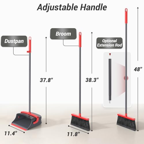 Broom with Dustpan Combo Set, Long Handle Upright Standing Self-Cleaning Broom and Dustpan Set for Pet Hair & Dust Cleanup, Indoor Outdoor Use for Home, Kitchen, Office, Red & Gray
