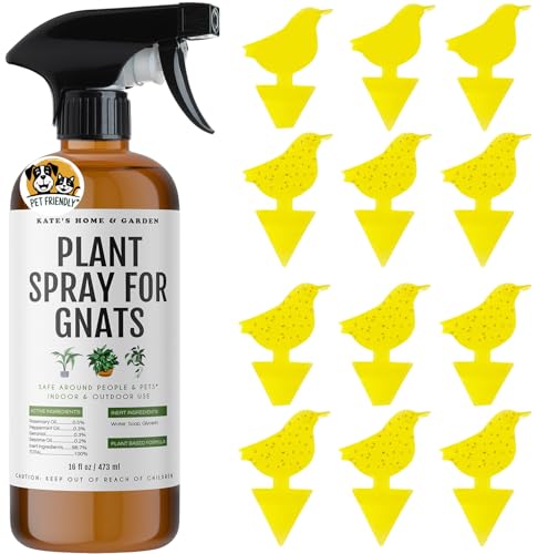 Kate's Home & Garden Plant Spray for Insects & Gnats, 12 Sticky Traps, 16oz | Pet Safe, Non Toxic, Peppermint Fungus Gnat Killer & Bug Spray for Indoor Plants