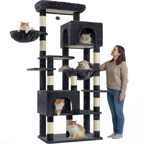 Heybly Cat Tree, 76-Inch Tall Heavy Duty Cat Tower for Big Cats with Extra Wide Baseboard, Multi-Level Large Cat Furniture with 2 Condos & 2 Hammocks, 10 Scratching Posts, Smoky Gray HCT039G
