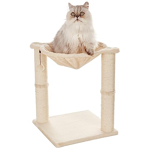 Basics Cat Tower with Hammock Bed and Scratching Post for Indoor Cats, Easy to Assemble, Interactive Hanging Ball, 15.8" x 15.8" x 19.7", Beige