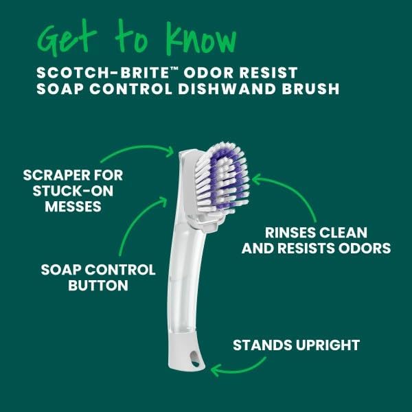 Scotch-Brite Odor Resist Soap Control Dishwand Brush, Non-Scratch Cleaning Brush with Scraper, Stands Upright, 1 Pack