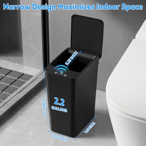 Bathroom Trash Can with Lid, KOEYLE 2 Pack 2.2 Gallon Automatic Touchless Garbage Can, Small Motion Sensor Smart Trash Can, Slim Waterproof Trash Bin for Bedroom, Bathroom, Office, Living Room (Black)