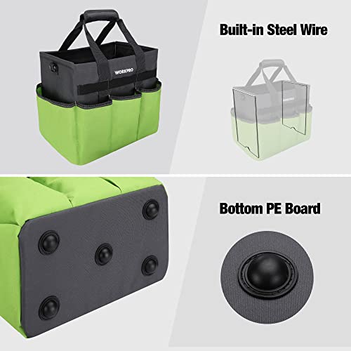 WORKPRO Garden Tool Bag, 10 Pockets and Shoulder Strap, Green | Heavy Duty Gardening Organizer Tote Bag, Standable Garden Tool Organizer (Tools not Included)