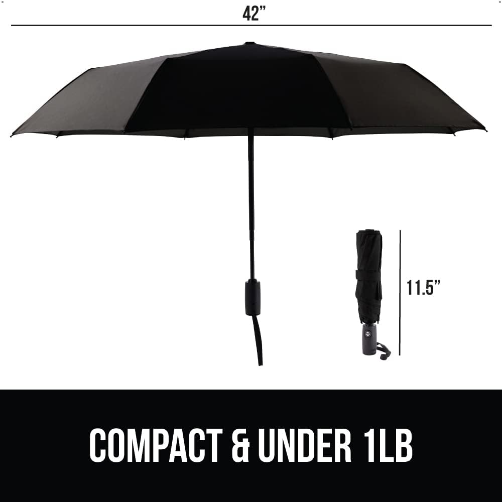 GORILLA GRIP Strong Windproof Stick Compact Umbrella for Rain, One-Click Automatic Open and Close, Durable Quick Dry Waterproof Material, Lightweight and Portable, Travel Size Fits Backpack, Black
