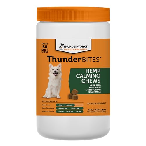 ThunderBites Hemp Calming Chews for Dogs, Everyday Use Can Help Relieve Stress from Separation, Storms, Fireworks & Travel (60 Count), Formerly ThunderWunders