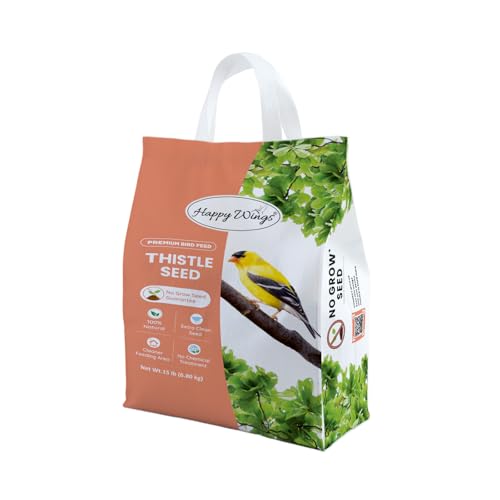 Happy Wings Nyjer Thistle Seeds for Wild Birds 15 lbs No Grow Premium Bird Seed Attracts Finches, Goldfinches, Ideal for Year-Round Feeding High in Protein and Energy.