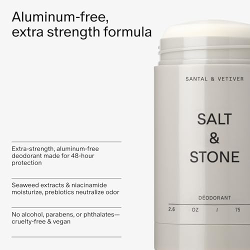 Salt & Stone Aluminum Free Deodorant | Extra Strength 48 Hour Protection for Women & Men | Made with Seaweed Extracts, Niacinamide & Prebiotics | Santal & Vetiver