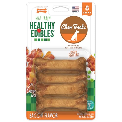 Nylabone Healthy Edibles Natural Chews, Long Lasting Dog Bones, Healthy Dog Treats, Bacon Flavor, X-Small (8 Count)