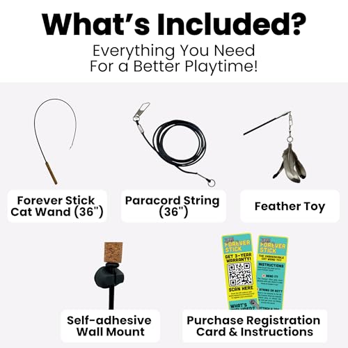 Forever Stick - The Unbreakable Cat Wand Toy, Durable Cat Toy Wand, Extra Long Cat String Toy, Cat Fishing Pole Toy for Bored Indoor Adult Cats, Cat Stick Toy, Cat Feather Wand, Cat Teaser Wand
