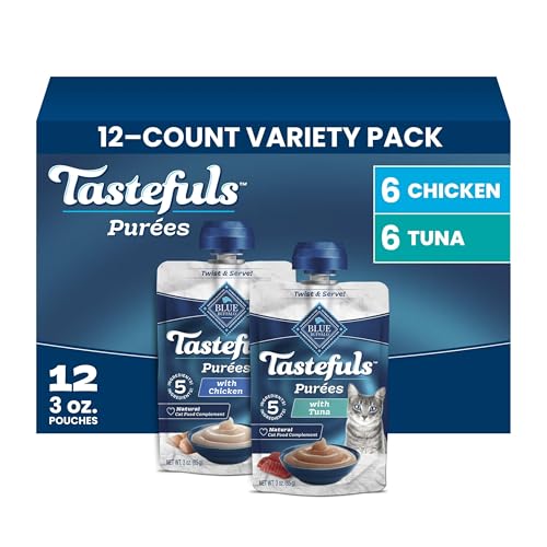 Blue Buffalo Tastefuls Purées Variety Pack Wet Cat Food Complement (Chicken & Tuna) Made with Natural Ingredients, for All Life Stages, 3-oz. Resealable Pouches (12 Count)