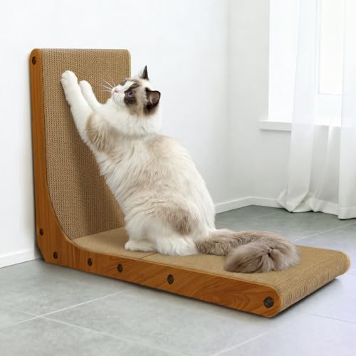 Cat Scratcher, 26 inch L Shape Cat Scratching Pad for Indoor Cats, Durable Sustainable Cardboard Scratcher with Box, Recyclable Vertical Cat Scratch Pad to Protect Furniture, Large