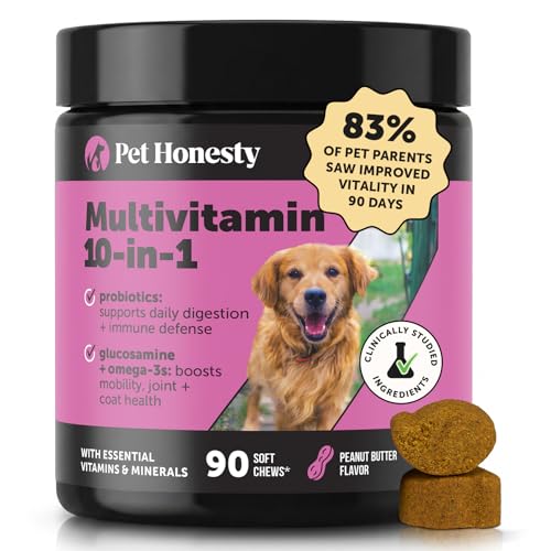 10-in-1 Dog Multivitamin Supplement with Glucosamine & Probiotics - Hip & Joint Support, Digestive Health, Immune Support, Heart & Skin - All-in-One Daily Vitamins & Omega-3s (Peanut Butter, 90 ct)