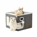 ZOMISIA Cat Beds for Indoor Cats - Large Cat House for Pet with Fluffy Ball Hanging and Scratch Pad, Foldable Cat Hideaway,16.5x16.5x13 inches, Grey