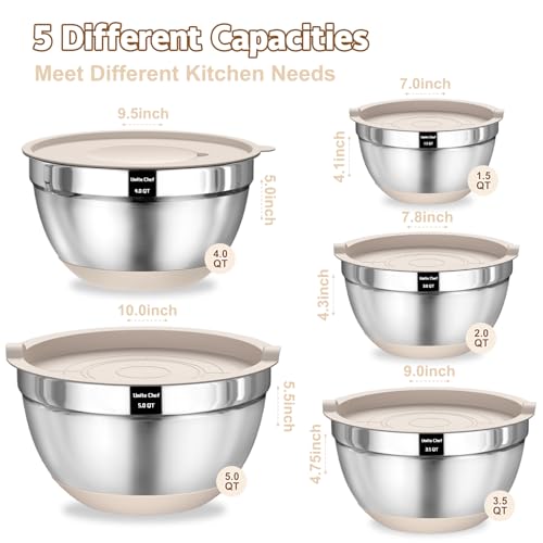 Umite Chef Mixing Bowls with Airtight Lids Set, 8PCS Stainless Steel Nesting Bowls with Grater Attachments, Non-Slip Bottoms, 5, 4, 3.5, 2, 1.5QT for Mixing & Serving