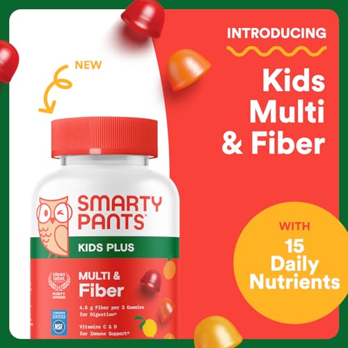 SmartyPants Kids Multivitamin & Fiber Gummies: Prebiotic Fiber to Support Kids Digestion with Vitamin D3, C, Vitamin B12, B6, A, Zinc, Biotin, Folate, Three Fruit Flavors, 90 Count (30 Day Supply)