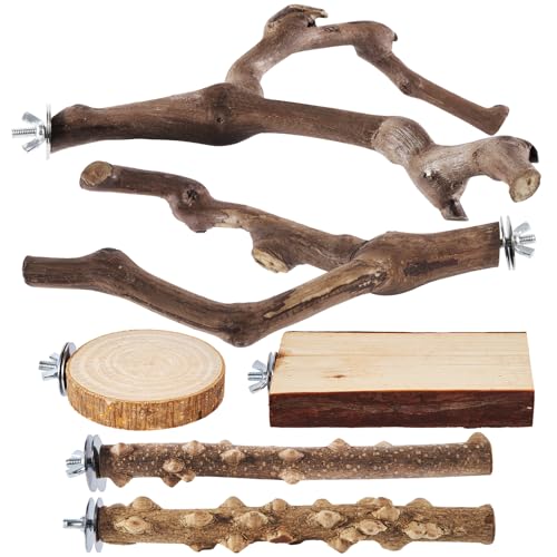 LIMIO 6-Piece Bird Perch Set - Natural Wood Grape Sticks, Paw Grinding Forks, Bird Stand & Toys for Parakeets, Cockatiels, Conure, Budgies
