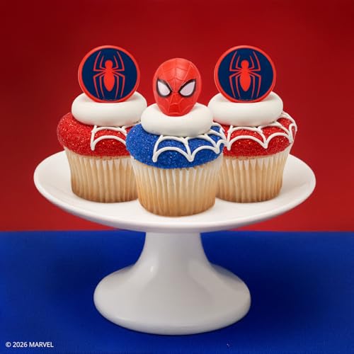 DecoPac Marvel's Spider-Man™ Spider and Mask Rings, Spider-Man Cupcake Decorations, Red and Blue Food Safe Cake Toppers – 24 Pack