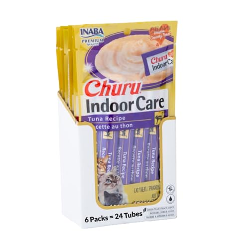INABA Churu Indoor Care for Hairball Control, Functional Lickable Cat Treat with Taurine & Green Tea Extract, 0.5oz Each, 24 Tubes Total, Tuna Recipe